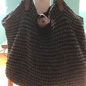Black straw slouch shoulder purse